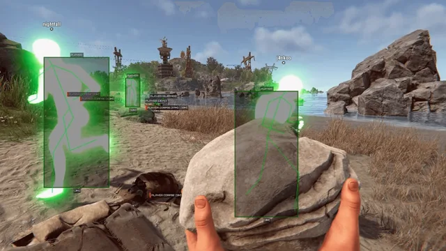 Rust PvP cheats with green chams and skeleton ESP tracking multiple players and corpses on a beach